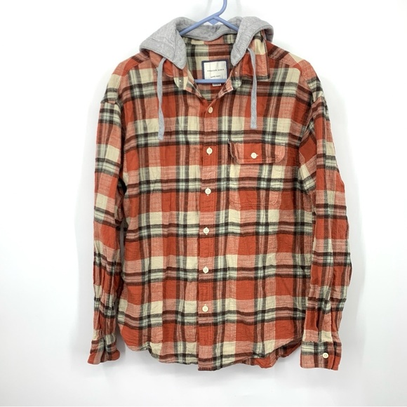 American Eagle Men Size Medium Shirt Button Down Top Hoodie Flannel Orange Plaid - Picture 1 of 8